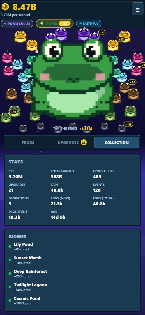 The Collection tab: lifetime stats — 388B total earned, 485 frogs hired, 9 migrations — and all five biomes unlocked