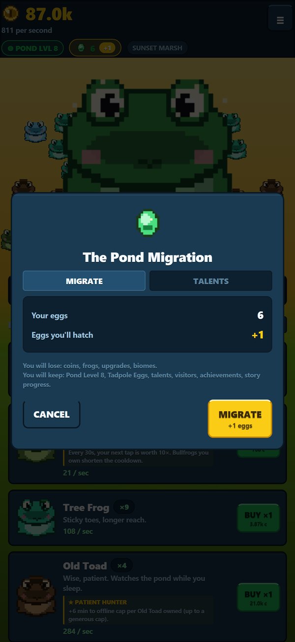 The Pond Migration screen showing 6 eggs held, 1 egg to hatch, what is lost and what is kept