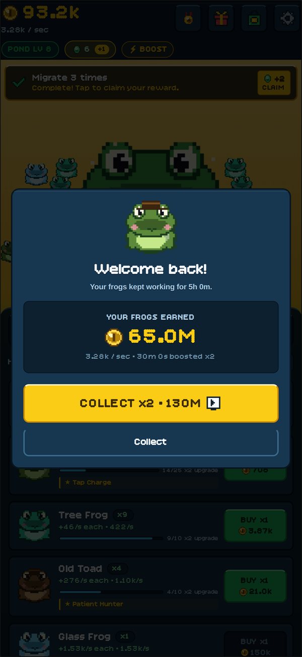 The Welcome back screen: the frogs earned 65.0M coins over five hours away, with buttons to collect or double it