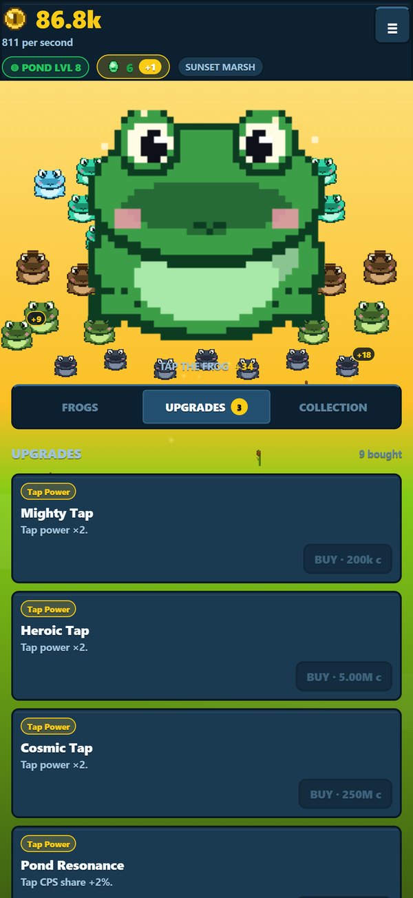 The upgrade shop with Tap Power upgrades: Mighty Tap, Heroic Tap, Cosmic Tap and Pond Resonance